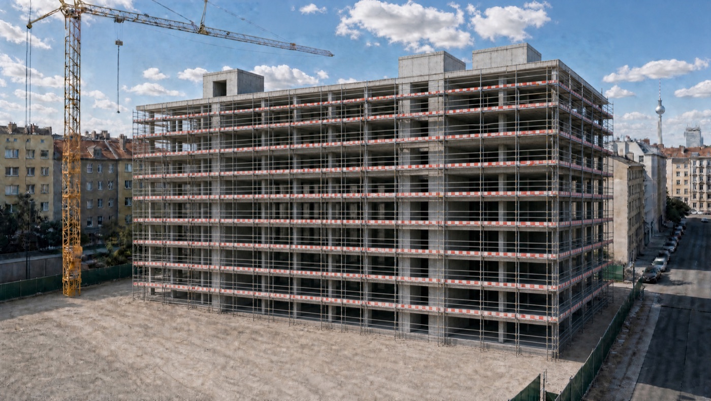 Rohbau eines Mehrfamilienhauses in Stahlbeton mit Turmdrehkran, Berlin.
