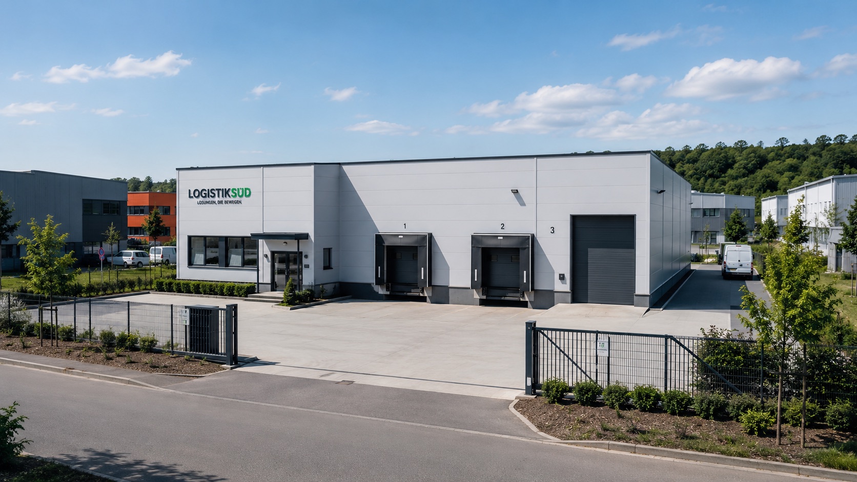 Gewerbehalle mit Verladetoren im Gewerbegebiet.